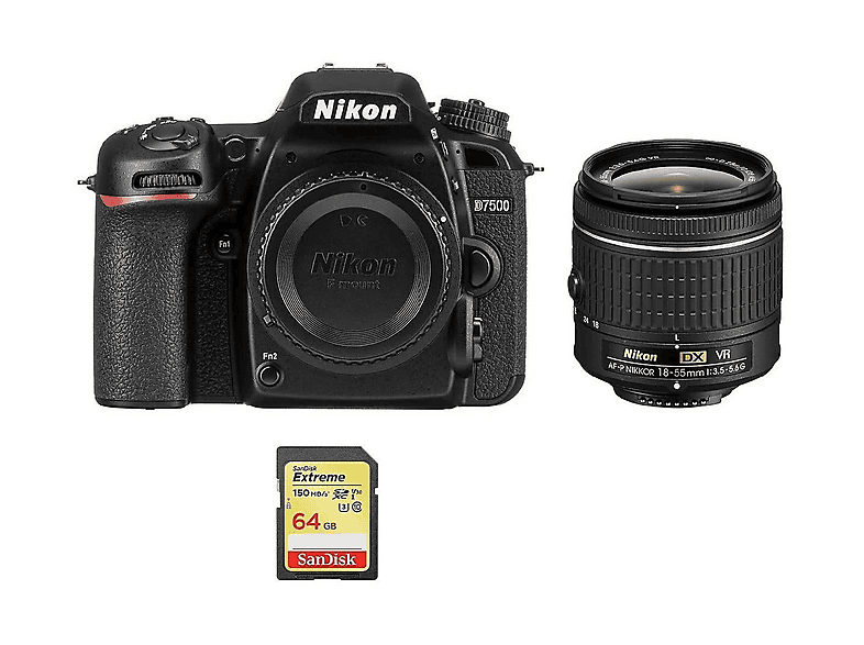 NIKON D7500 AF-P 18-55mm F3.5-5.6G VR + 64GB SD — Cámara digital, Multicolor, 18 megapixel, 4K 3840p