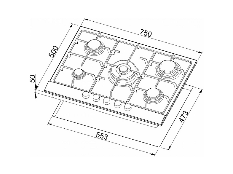 ELLECI Style 75 G68 — Placa de gas, 750 mm, Blanco, 5 zone(s) zonas