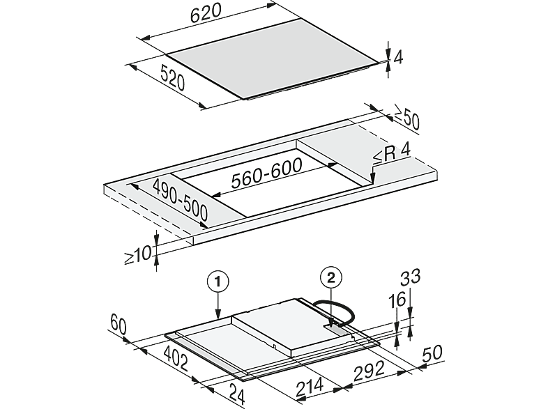 MIELE KM 7360 FL — Placa inducción, Zona grande 14-28 cm, 62 cm, Negro, 3 zonas