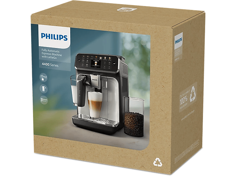 PHILIPS EP4441/50 — Cafetera superautomática, Negro, LatteGo, SilentBrew, 20 Bebidas