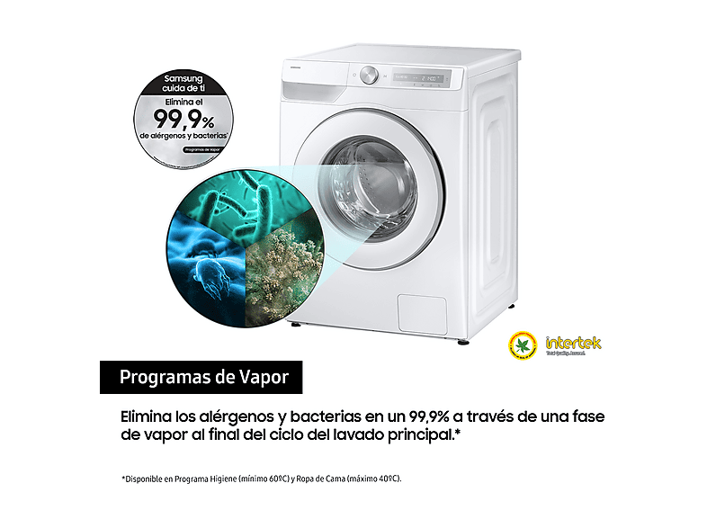 SAMSUNG WW90DG6U85HHU3 — Lavadora carga frontal, 9 kg, 23 programas, Blanco