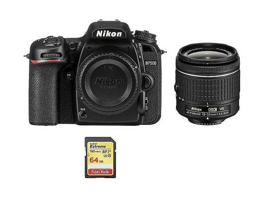 NIKON D7500 AF-P 18-55mm F3.5-5.6G VR + 64GB SD — Cámara digital, Multicolor, 18 megapixel, 4K 3840p
