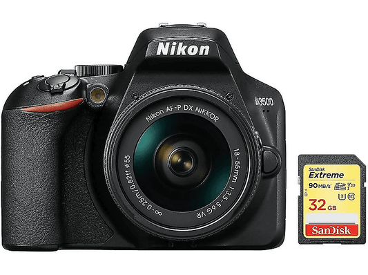 NIKON D3500 AF-P 18-55mm F3.5-5.6G VR + 32GB SD — Cámara digital, Negro, 18 megapixel, Full HD 1080p