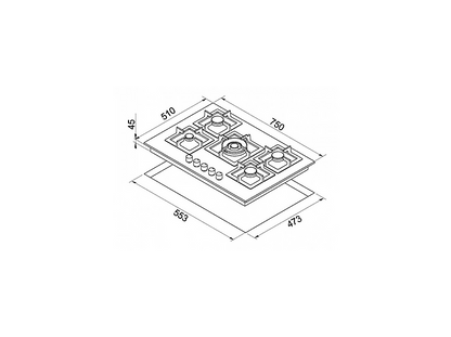 ELLECI Plano 75 M79 — Placa de gas, 750 mm, Aluminio, 5 zone(s) zonas