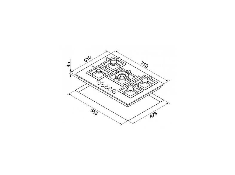 ELLECI Plano 75 M79 — Placa de gas, 750 mm, Aluminio, 5 zone(s) zonas