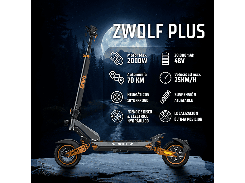 ZWHEEL ZWolf Duo — Patinete eléctrico, Pot. máx. 2000 W, Carga máx. 120 kg, 20000 mAh, 70 km autonomía