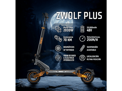 ZWHEEL ZWolf Duo — Patinete eléctrico, Pot. máx. 2000 W, Carga máx. 120 kg, 20000 mAh, 70 km autonomía