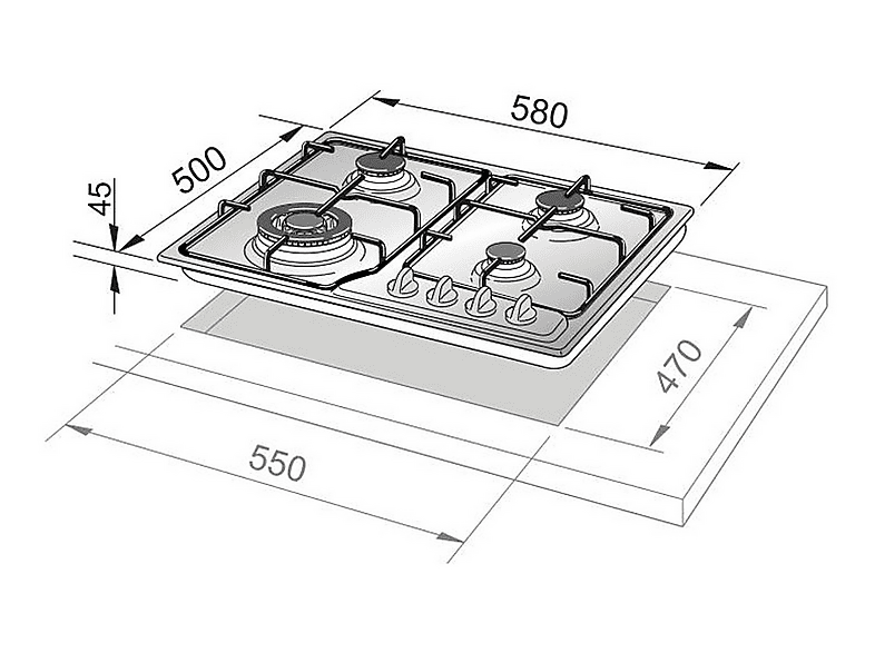 DELONGHI FFA 46 ASDV — Placa de gas, 600 mm, 4 zone(s) zonas, Acero inoxidable