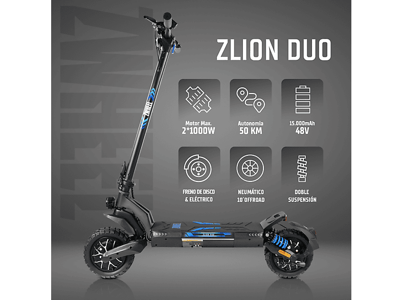 ZWHEEL ZLion Duo — Patinete eléctrico, Pot. máx. 2000 W, Carga máx. 120 kg, 15000 mAh, Negro
