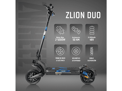 ZWHEEL ZLion Duo — Patinete eléctrico, Pot. máx. 2000 W, Carga máx. 120 kg, 15000 mAh, Negro