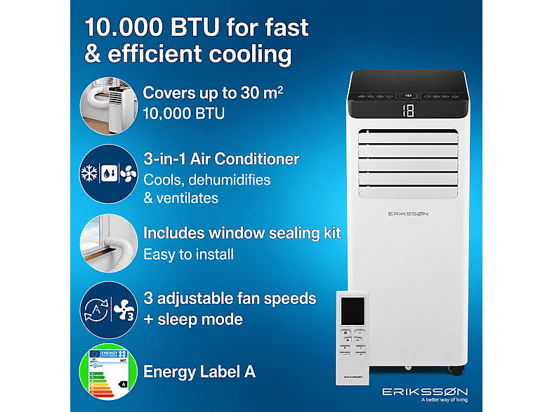 ERIKSSØN Silent Comfort Series Mobile Air conditioner blanco — Aire acondicionado portátil, 30 m², 10000 fg/h, 61 dB(A)