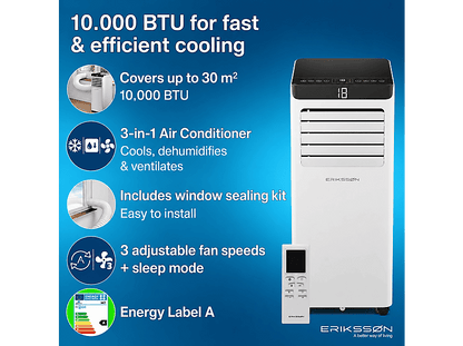 ERIKSSØN Silent Comfort Series Mobile Air conditioner blanco — Aire acondicionado portátil, 30 m², 10000 fg/h, 61 dB(A)