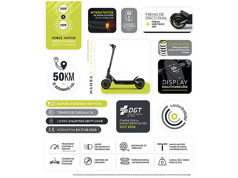 OLSSON MAMBA X-TREM DUAL 50km Autonomía — Patinete electrico, Pot. máx. 2000 W, Carga máx. 120 kg, 15000 mAh, Negro