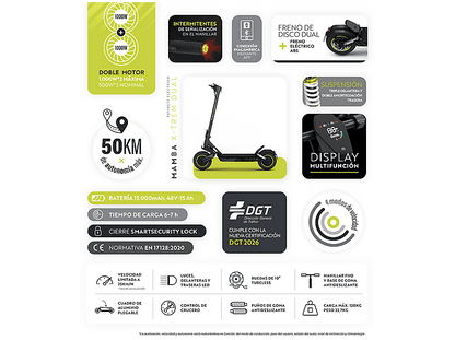 OLSSON MAMBA X-TREM DUAL 50km Autonomía — Patinete electrico, Pot. máx. 2000 W, Carga máx. 120 kg, 15000 mAh, Negro