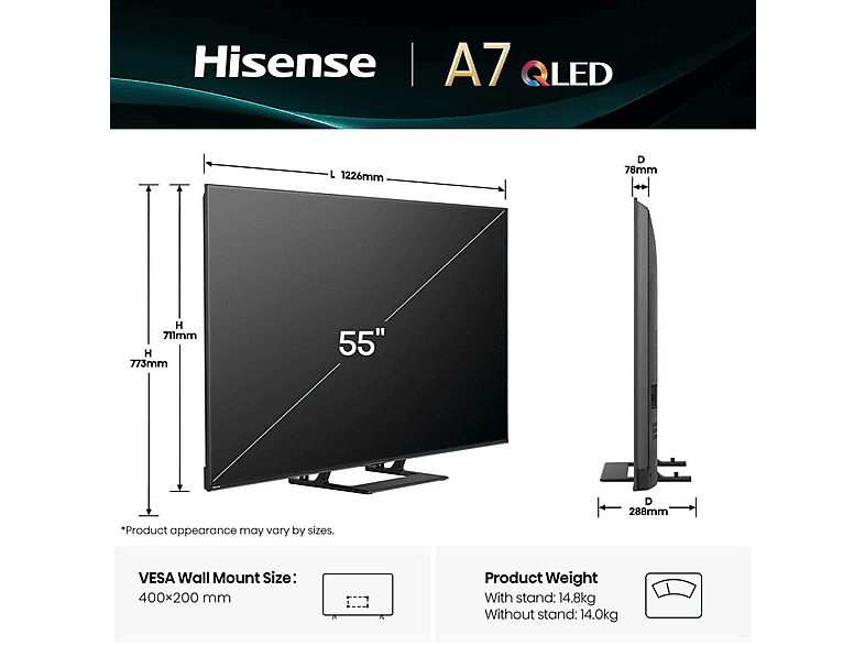 HISENSE A7Q 55A7Q — TV LED, Black, UHD 4K, Smart TV, DVB-T2 (H.265)