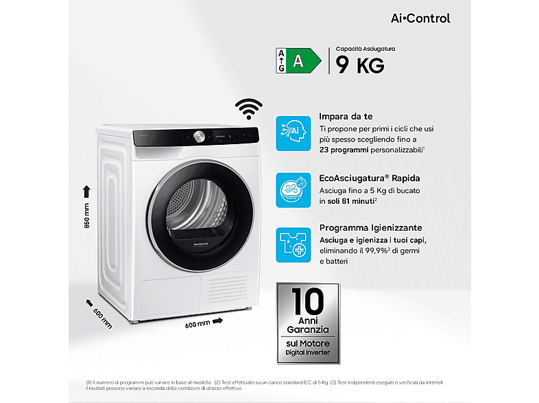 SAMSUNG DV90DG6845LKU3 — Secadora bomba de calor, Eléctrico, 9 kg, 4 programas, Blanco