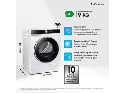 SAMSUNG DV90DG6845LKU3 — Secadora bomba de calor, Eléctrico, 9 kg, 4 programas, Blanco