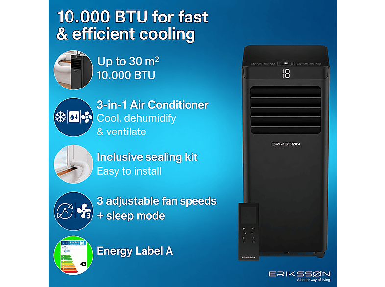 ERIKSSØN Silent Comfort Series Mobile Air conditioner Negro — Aire acondicionado portátil, 30 m², 10000 fg/h, 61 dB(A)