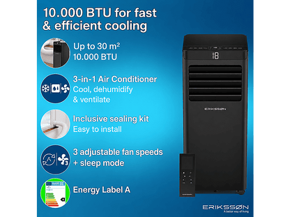 ERIKSSØN Silent Comfort Series Mobile Air conditioner Negro — Aire acondicionado portátil, 30 m², 10000 fg/h, 61 dB(A)