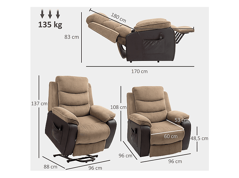 HOMCOM 713-178V92BN — Sillón levanta personas, 46 kg, Marrón