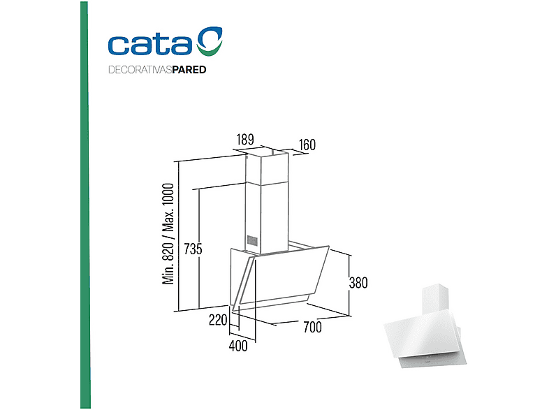 CATA 2078801 JUNO+ 7000 GWH. — Campana decorativa, 6 velocidades, 562 m³/h, 70 cm, Blanco
