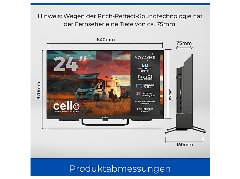 CELLO C24TZR-VOY — TV LED 24", Negro, HD-ready, Smart TV, DVB-T2 (H.265)