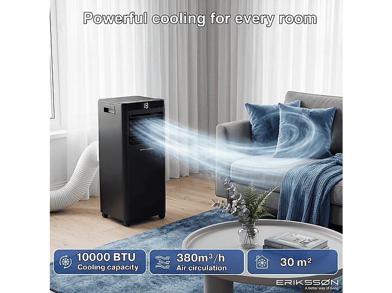 ERIKSSØN Silent Comfort Series Mobile Air conditioner Negro — Aire acondicionado portátil, 30 m², 10000 fg/h, 61 dB(A)