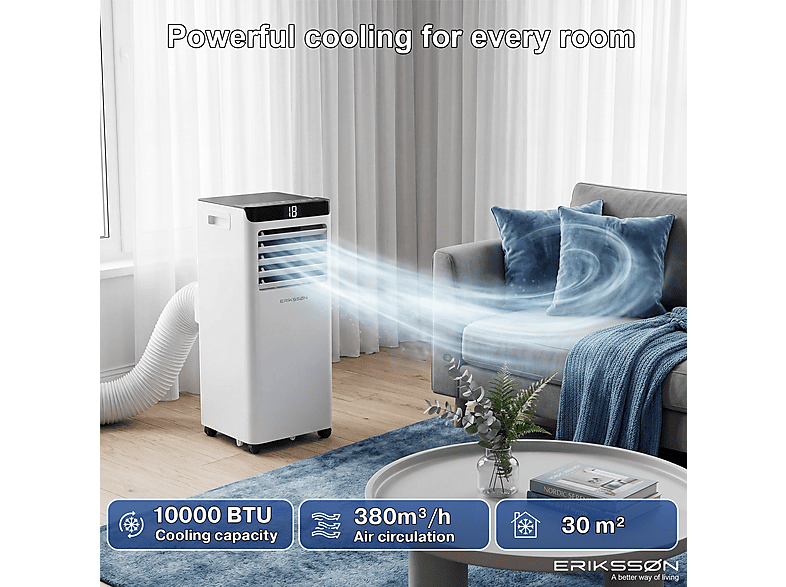 ERIKSSØN Silent Comfort Series Mobile Air conditioner blanco — Aire acondicionado portátil, 30 m², 10000 fg/h, 61 dB(A)