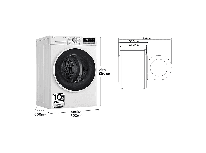 LG RH90V5AV6N — Secadora, 9 kg, 14 programas, Blanco, Bomba de calor