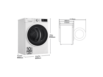LG RH90V5AV6N — Secadora, 9 kg, 14 programas, Blanco, Bomba de calor