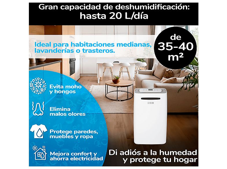 HJM DHM20L — Deshumidificador, 20L/día, 35-40m², 210W, 40 m²