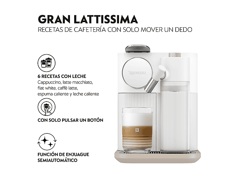 DE LONGHI — Cafetera de cápsulas, De'Longhi Nespresso® Gran Latissima EN640.W, 1400W, Blanco, 19 bar