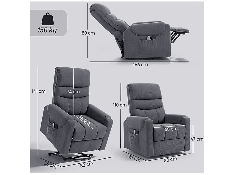 HOMCOM 713-090V92GY — Sillón levanta personas, 42,6 kg, Gris