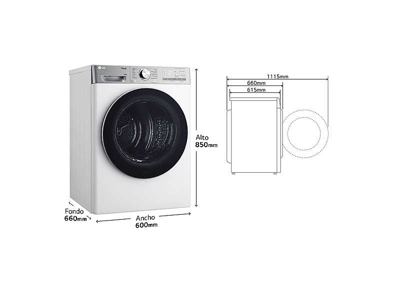 LG RH10V9AV2WR — Secadora bomba de calor, 10 kg, 14 programas, Blanco, Display LED