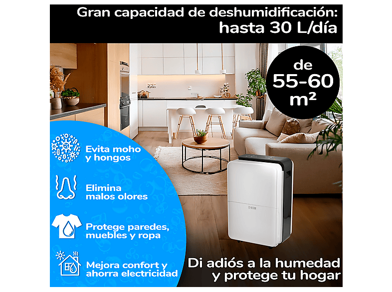 HJM DHM30: 30L/día — Deshumidificador, Superficie 55-60 m2, Silencioso, Depósito 4L, 210W