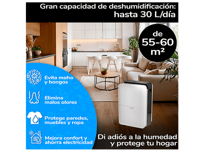 HJM DHM30: 30L/día — Deshumidificador, Superficie 55-60 m2, Silencioso, Depósito 4L, 210W