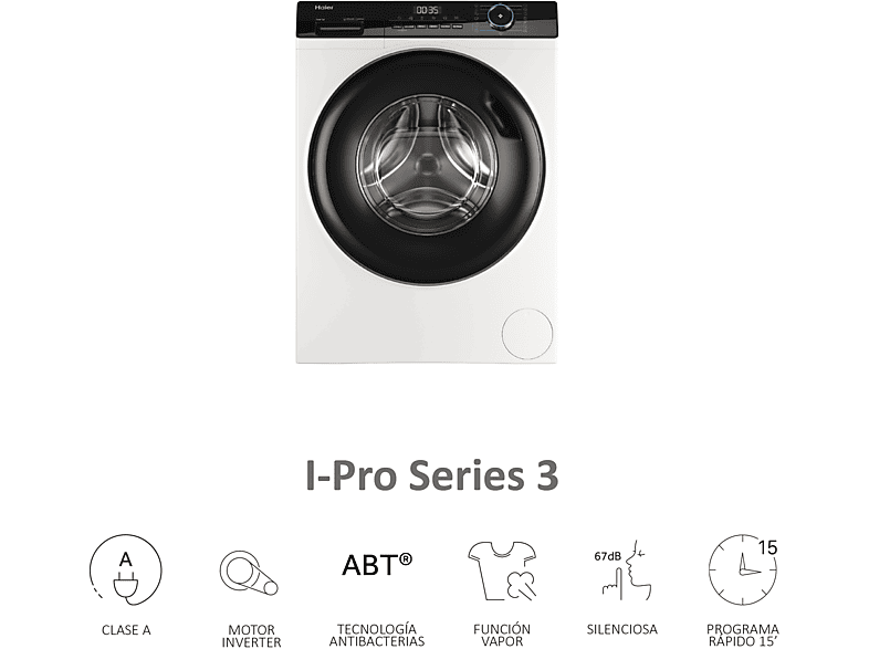 HAIER I-Pro Series 3 HW90-BP14939-S — Lavadora carga frontal, 9kg, Antibacterias, Blanco, 1400rpm