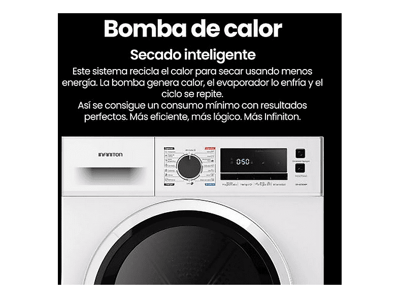 INFINITON SD-BC9DWP — Secadora Bomba de Calor, 9 kg, 16 programas, Blanco