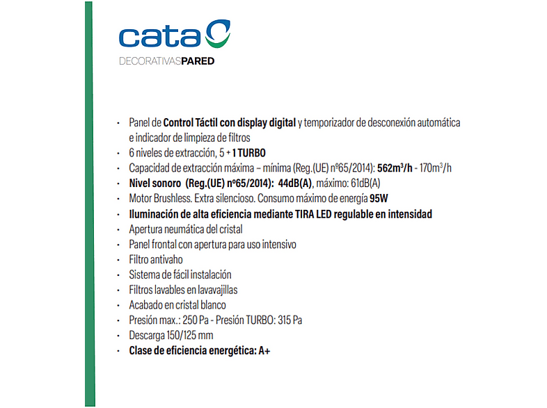 CATA 2078801 JUNO+ 7000 GWH. — Campana decorativa, 6 velocidades, 562 m³/h, 70 cm, Blanco