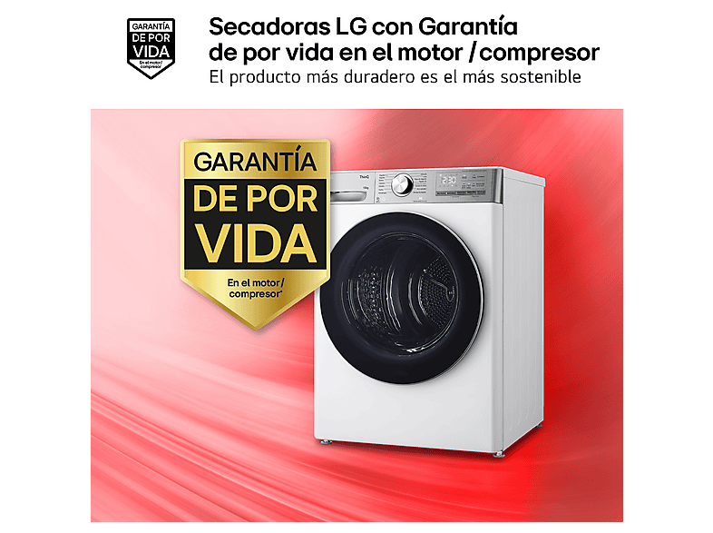 LG RH10V9AV2WR — Secadora bomba de calor, 10 kg, 14 programas, Blanco, Display LED