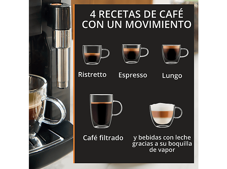 KRUPS Intensity EA50K9 — Cafetera superautomática, Compacta, Negro, 4 bebidas, Espumador de leche manual