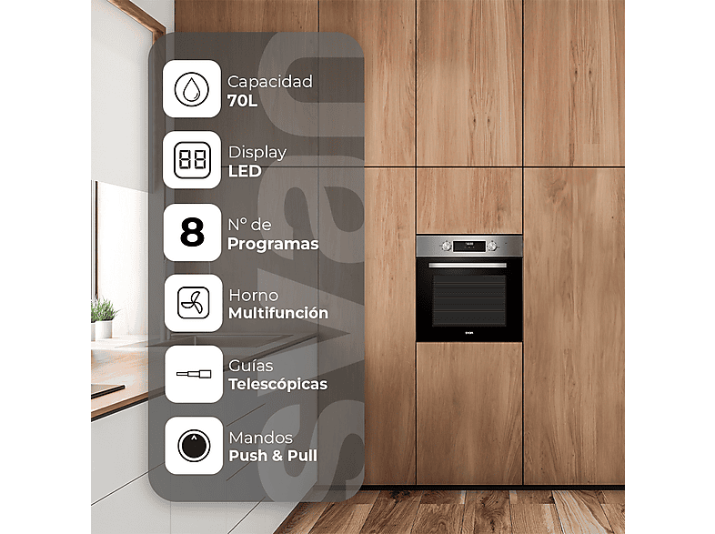 SVAN SHM8700DX — Horno multifunción, 59,5 cm, Inox, Libre instalación, 70 l