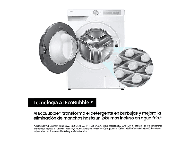 SAMSUNG WW90DG6U85HHU3 — Lavadora carga frontal, 9 kg, 23 programas, Blanco