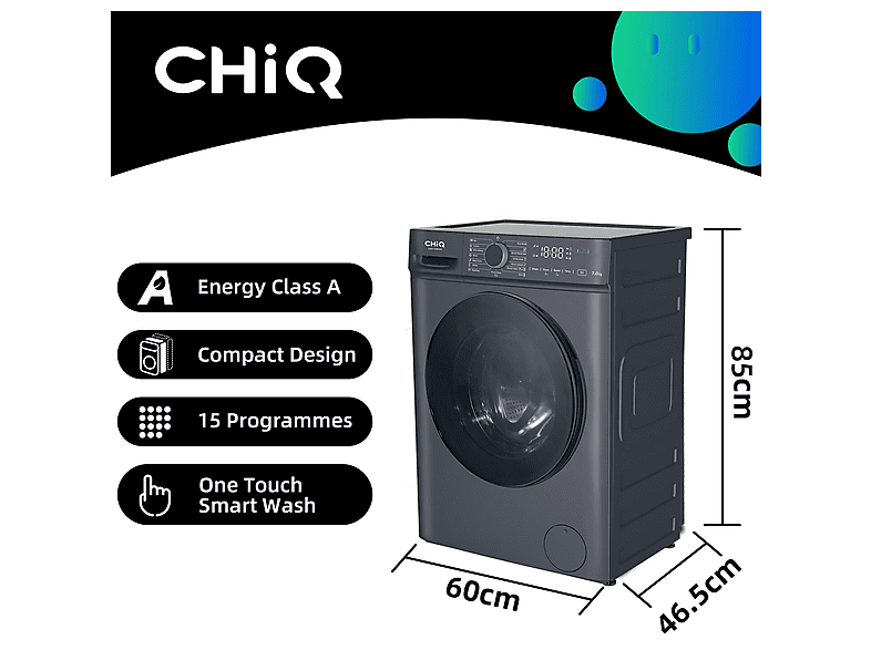 CHIQ CW07123863AX — Lavadora carga frontal, 7 kg, 16 programas, 1200 rpm, Gris oscuro