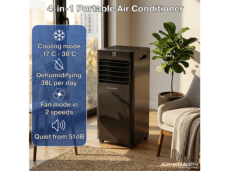 ERIKSSØN Silent Comfort Series Mobile Air conditioner Negro — Aire acondicionado portátil, 30 m², 10000 fg/h, 61 dB(A)