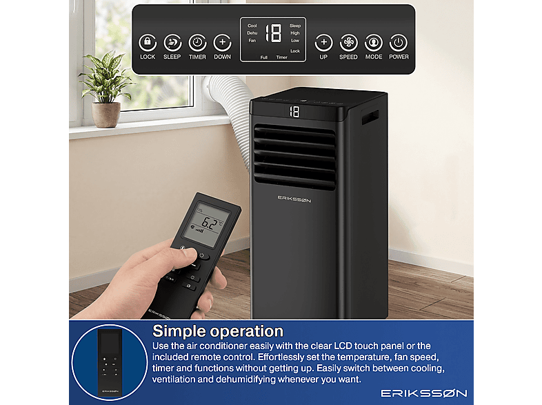 ERIKSSØN Silent Comfort Series Mobile Air conditioner Negro — Aire acondicionado portátil, 30 m², 10000 fg/h, 61 dB(A)