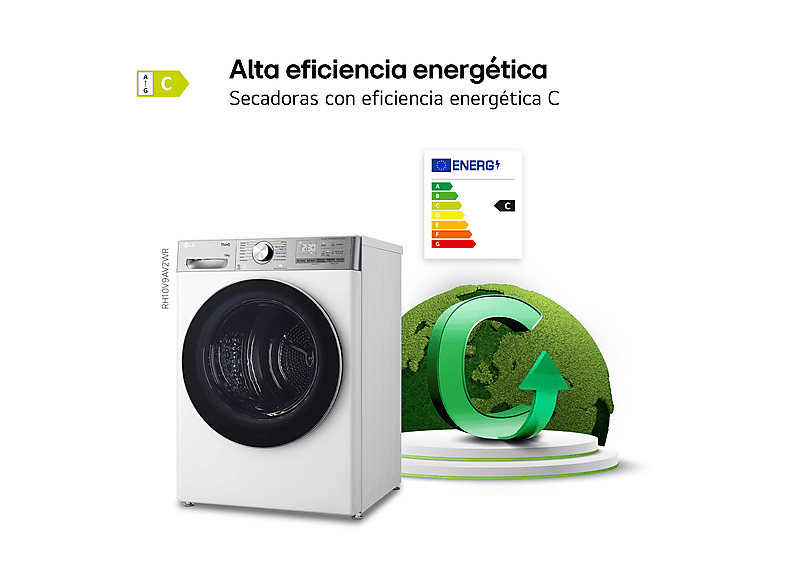 LG RH10V9AV2WR — Secadora bomba de calor, 10 kg, 14 programas, Blanco, Display LED