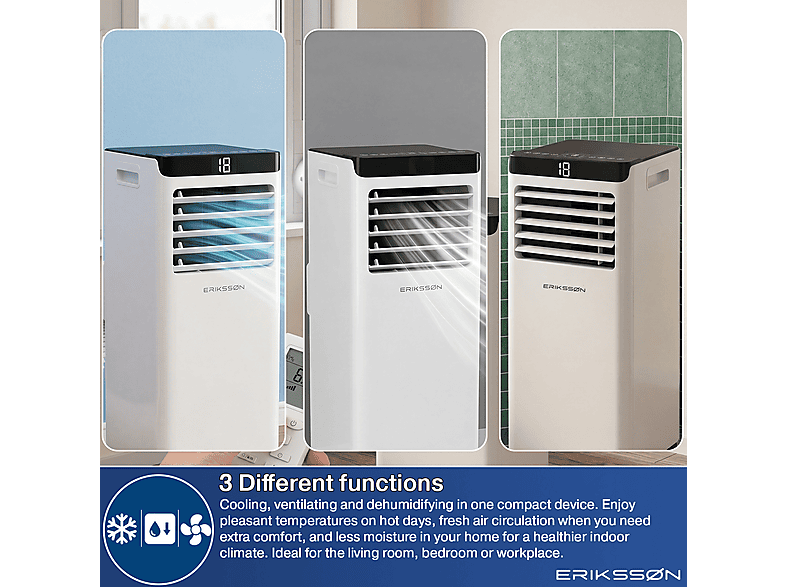 ERIKSSØN Silent Comfort Series Mobile Air conditioner blanco — Aire acondicionado portátil, 30 m², 10000 fg/h, 61 dB(A)