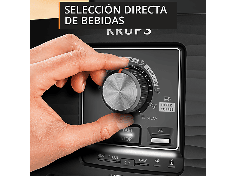 KRUPS Intensity EA50K9 — Cafetera superautomática, Compacta, Negro, 4 bebidas, Espumador de leche manual