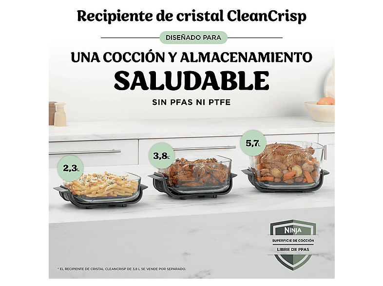 NINJA CRISPi PRO — Freidora de aire, 2050 W, 2 Recipientes de Vídrio: 5..7L y 2.3L, Verde, 5.7 l
